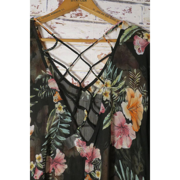 Kona Sol Tropical Print Sheer Lattice Back Tassel Hem Detail Kaftan Cover Up - Picture 8 of 9